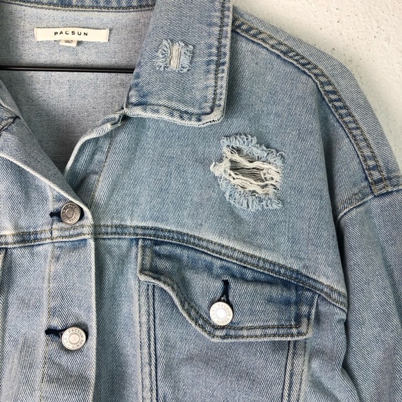 Pacsun Crop Jean Jacket Distressed Denim Button - Picture 3 of 9